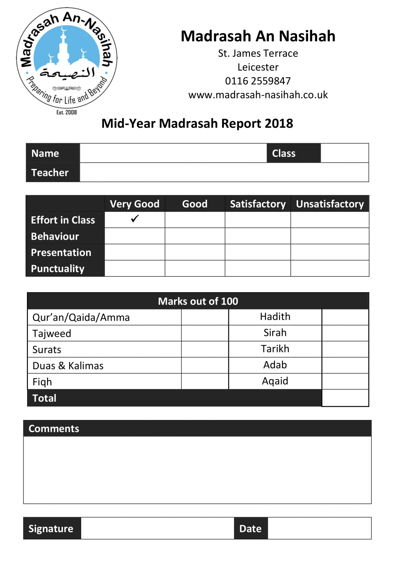 Annual Madrasah Report Template An Nasihah Publications