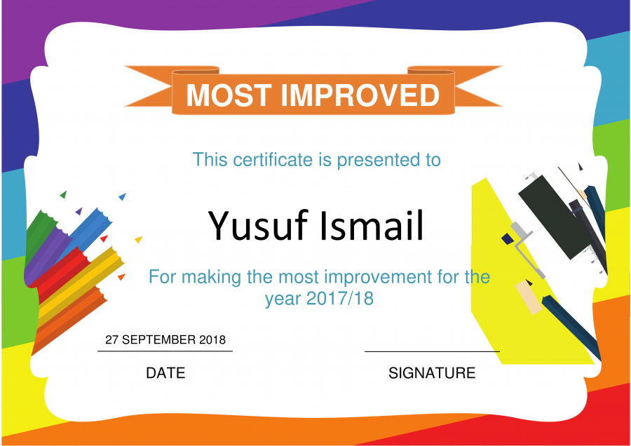 Most Improved Certificate An Nasihah Publications