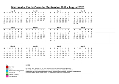 Madrasah Yearly Calendar 2019/2020