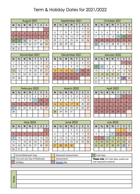 Madrasah Term Dates 2021/22 | An Nasihah Publications