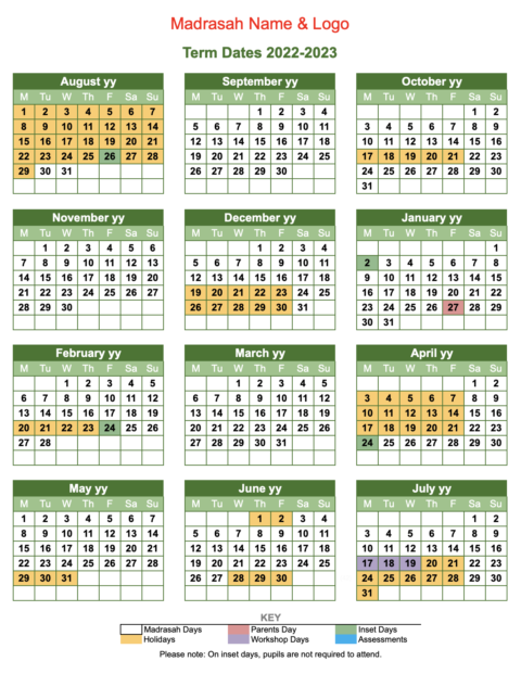 Term Dates Template | An Nasihah Publications